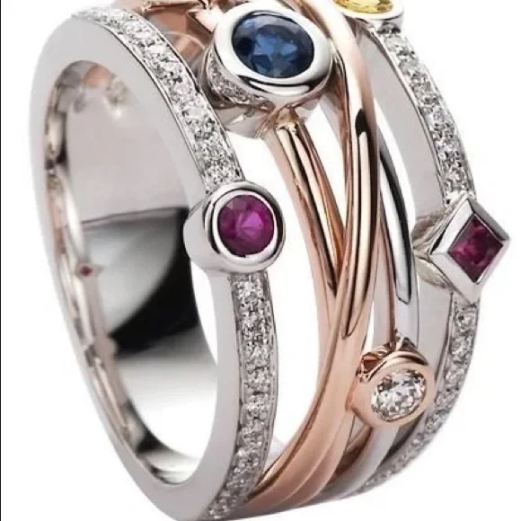 New Two Tone 925 Silver Colorful Diamond Ring - Picture 2 of 3